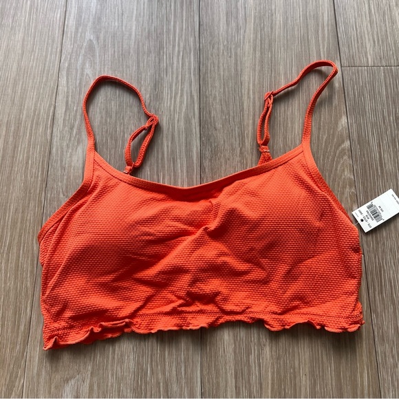 Aerie Scoop Longline Bikini Top Size Medium Orange Textured Ruffle Swimsuit - Picture 1 of 3